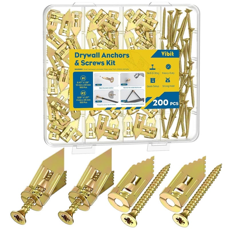 Vibit Self Drilling Drywall Anchors, Heavy Duty Wall Anchors for Drywall, Metal Dry Wall Anchors and Screws Kit, Carbon Steel Sheetrock Anchors with #6 x 1 3/8" Screws, Picture Hanging Kit, 200 Pcs - Image 1
